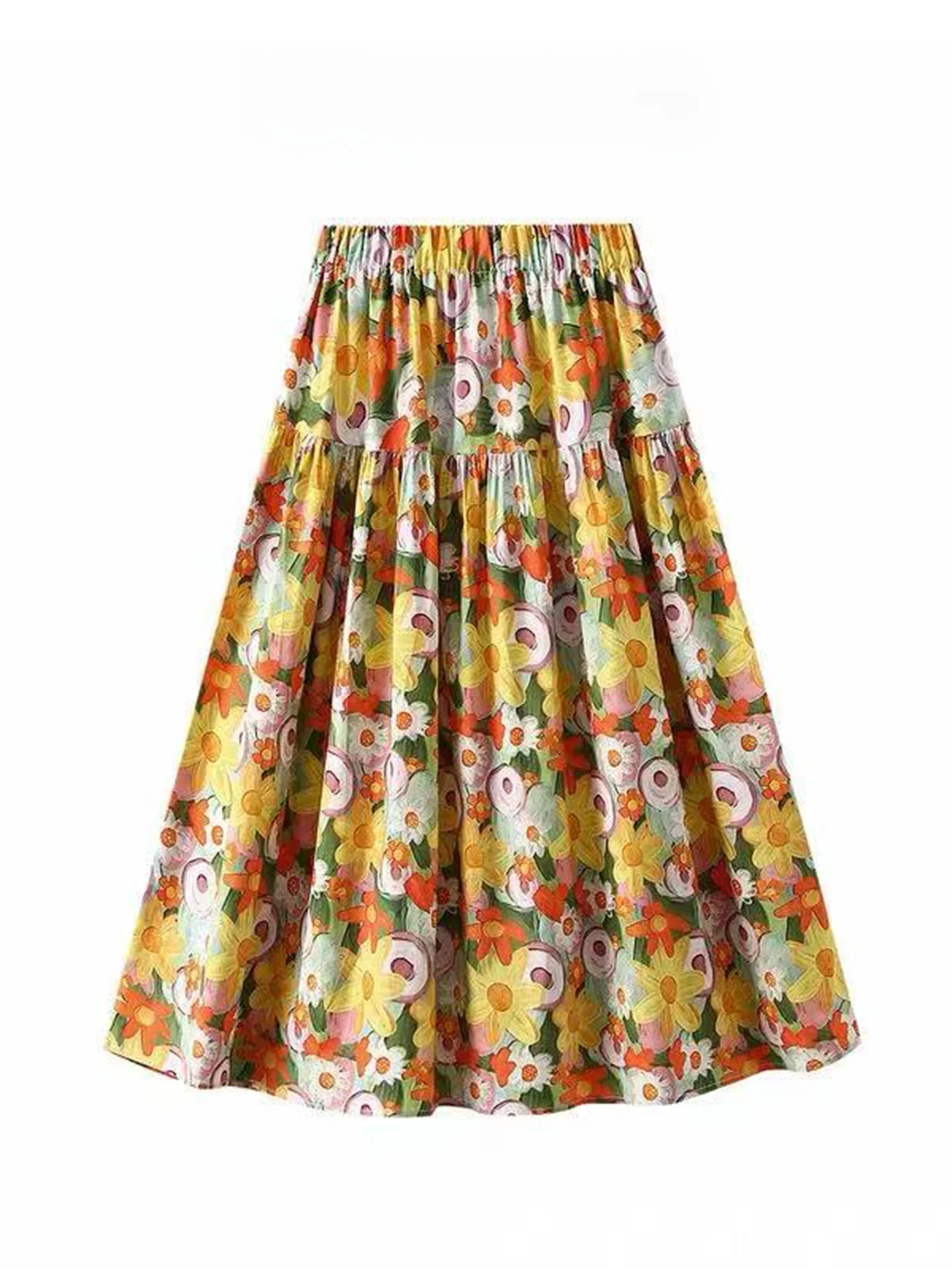

Retro Yellow Floral Half Skirt Women's Spring Summer New High Waist Versatile Casual Full Skirt Midi Trendy Skirts