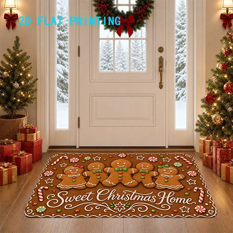 VIKAMA Sweet Christmas Home Gingerbread Man Candy Cane Snowflake Doormat Xmas Welcome Rug Non Slip Floor Mat Decor Soft Durable