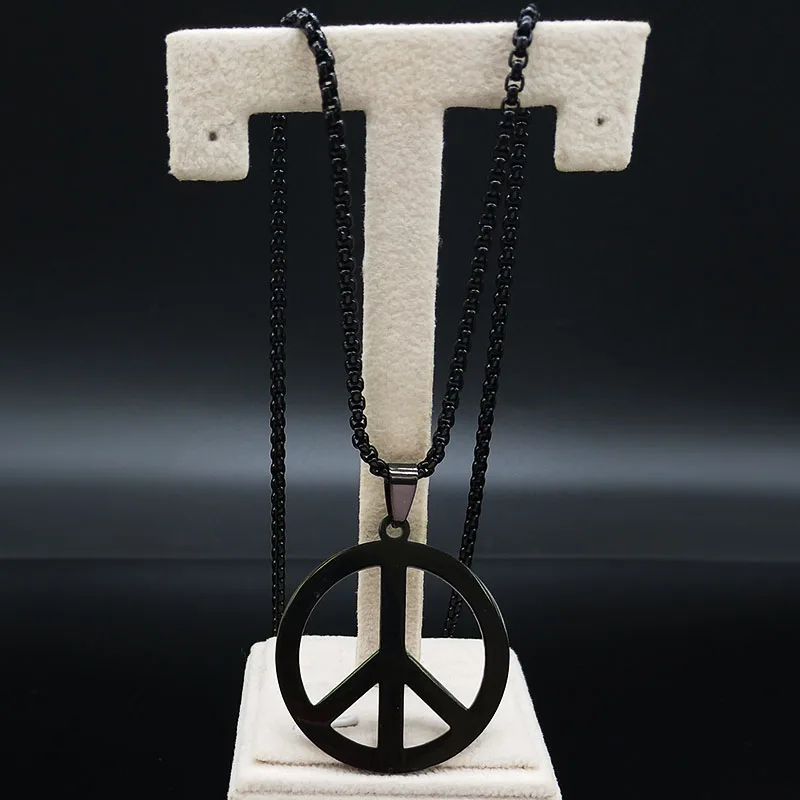 Goth Punk Peace Sign Symbol Pendant Necklace Men Black Color Stainless Steel Peaceful Match Chain Jewerly cadenas mujer N438S02