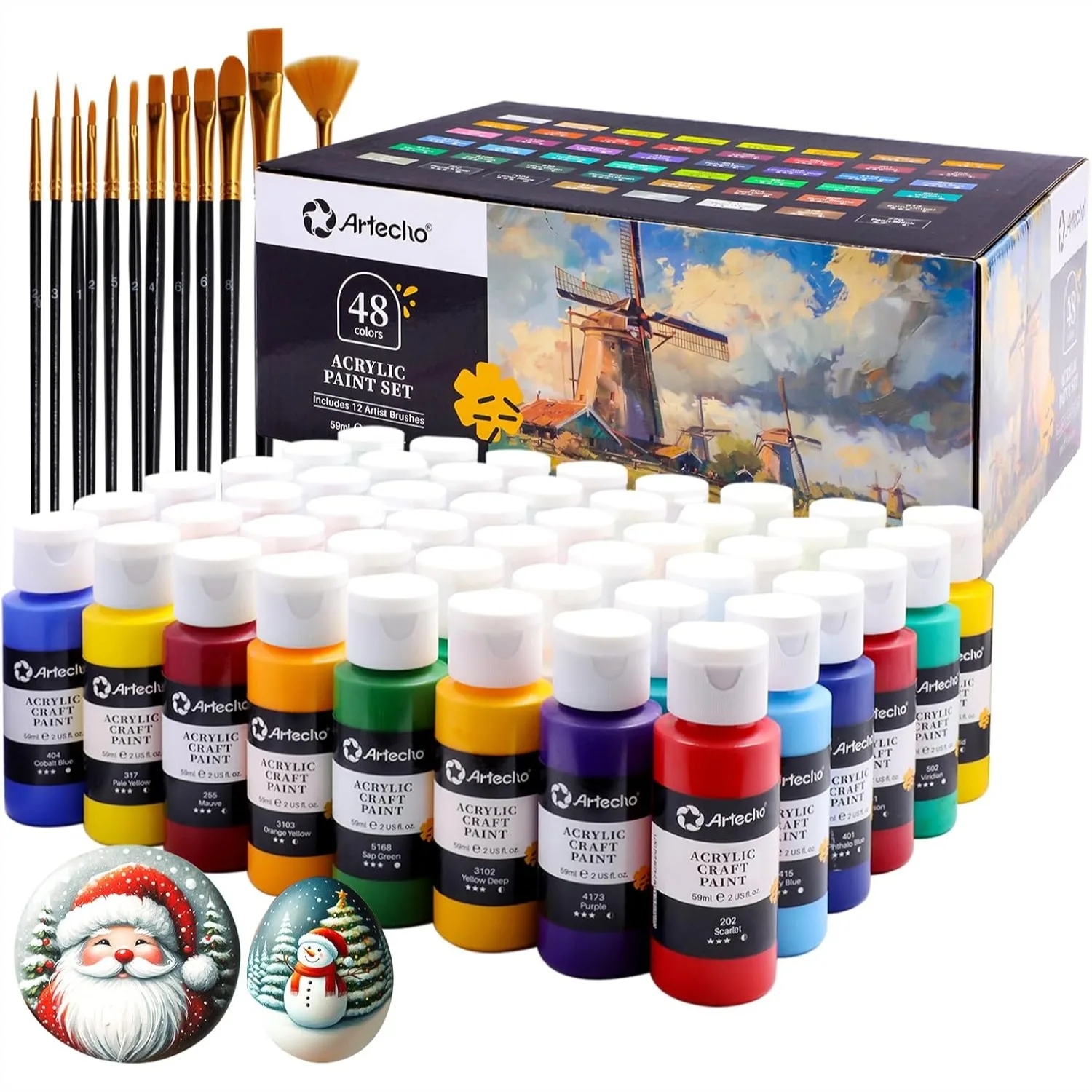 

48 Colors Acrylic Paint Set 2oz with 12 Brushes for Canvas Wood Rock Painting Fabric Art Supplies