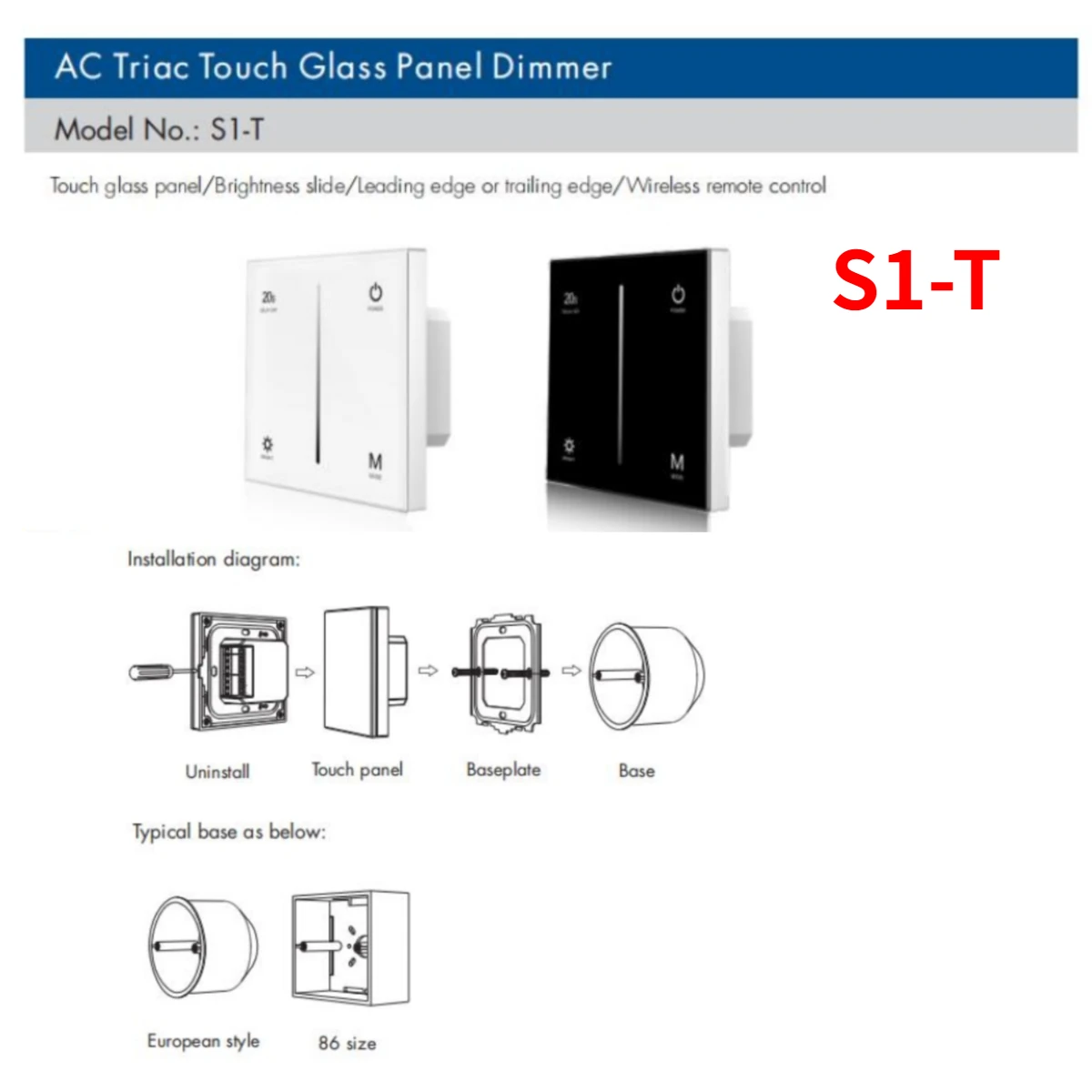 

AC100-240V AC Triac Touch Glass Panel Dimmer S1-T White & Black Glass Panel For Single Color Dimmable LED Lamp Tape Strip Light