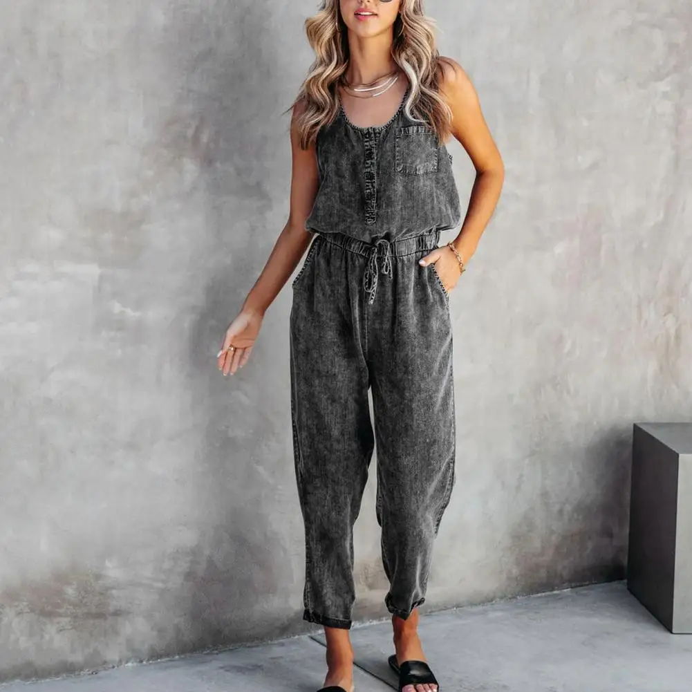 Women Summer Jumpsuit V Neck Sleeveless Solid Color Elastic Waist Loose Dress-up Denim Tight Waist Lady Overall Women Clothes