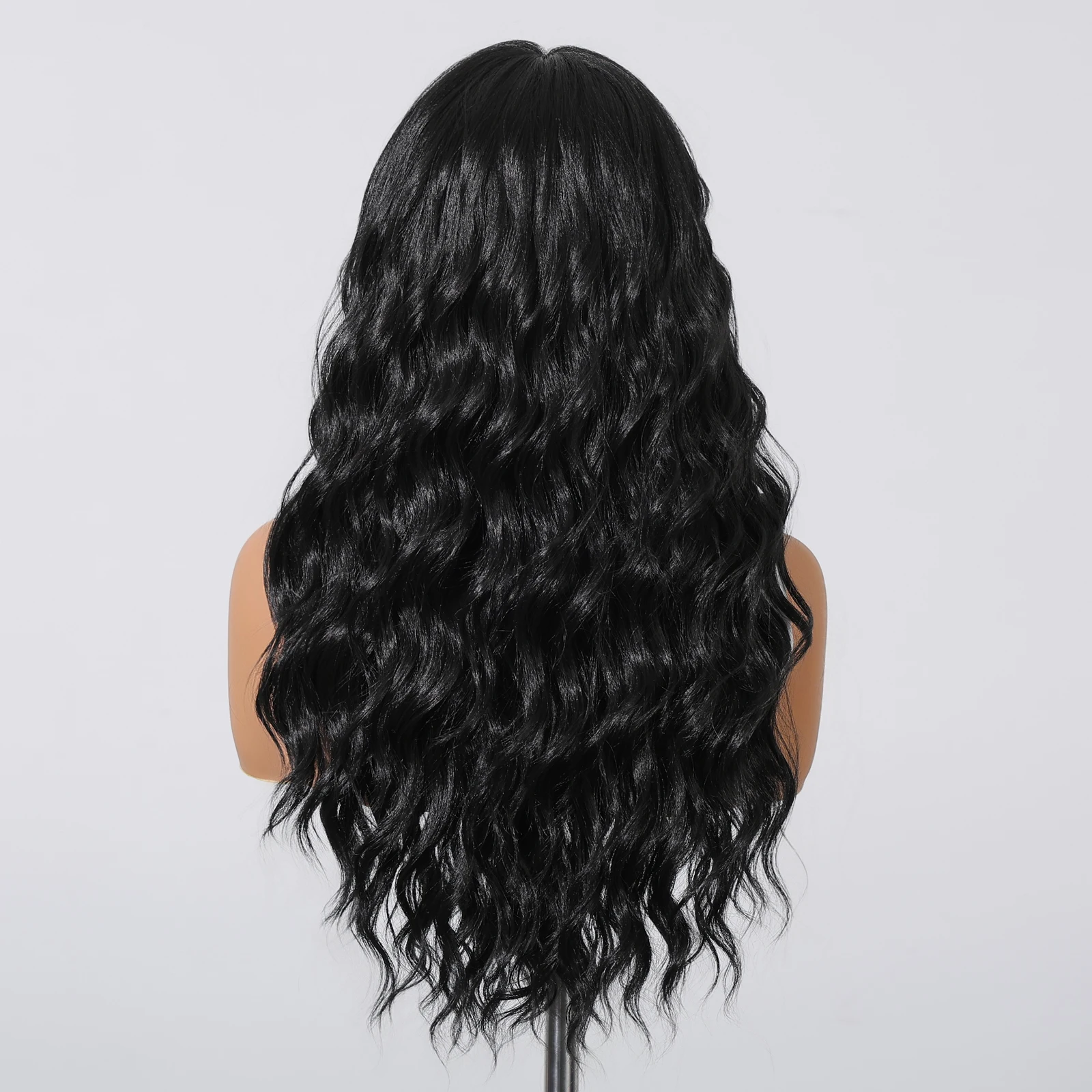 GEMMA Long Pure Black Curly Wig with Side Bangs Synthetic Black Hair Wigs for Women Natural Cosplay Daily Wig Heat Resistant