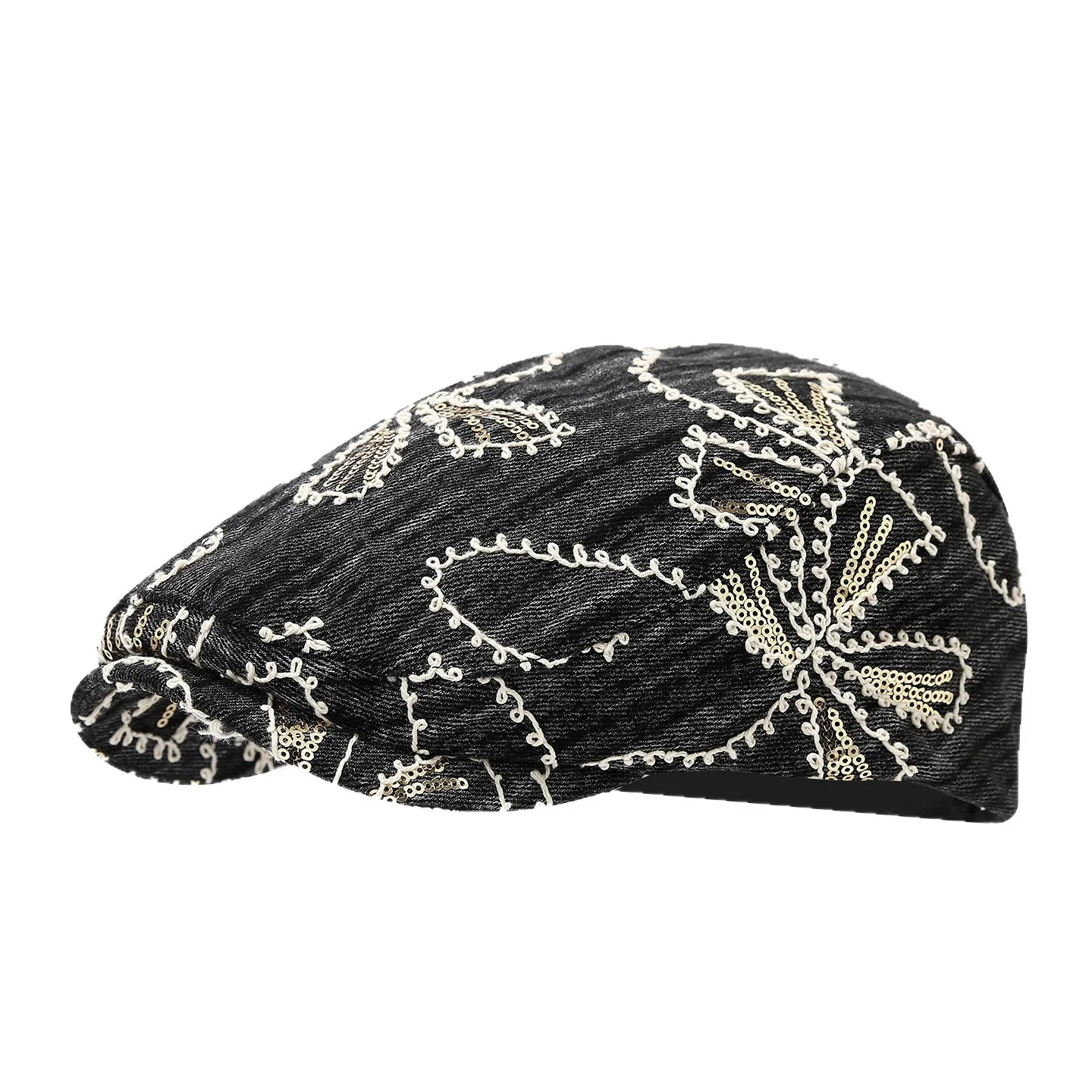 

denim beret hats for women vintage faded cotton flower sequin embroidered fashion hats female