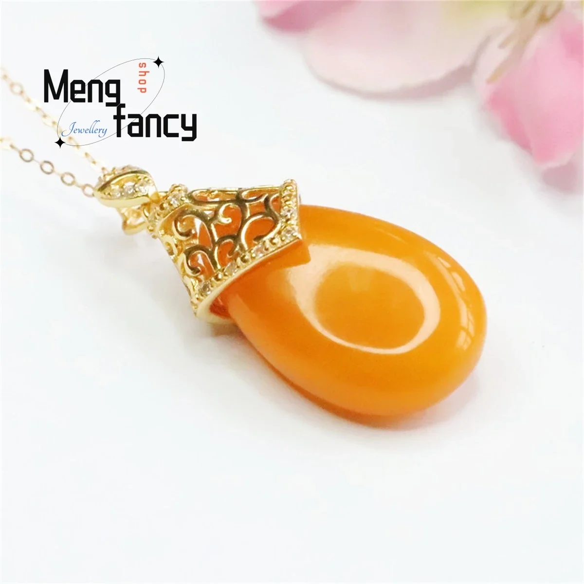 Natural S925 Silver Inlaid Honey Wax Droplet Amber Necklace Simple Elegant Personalized Fashion Versatile Exquisite Fine Jewelry