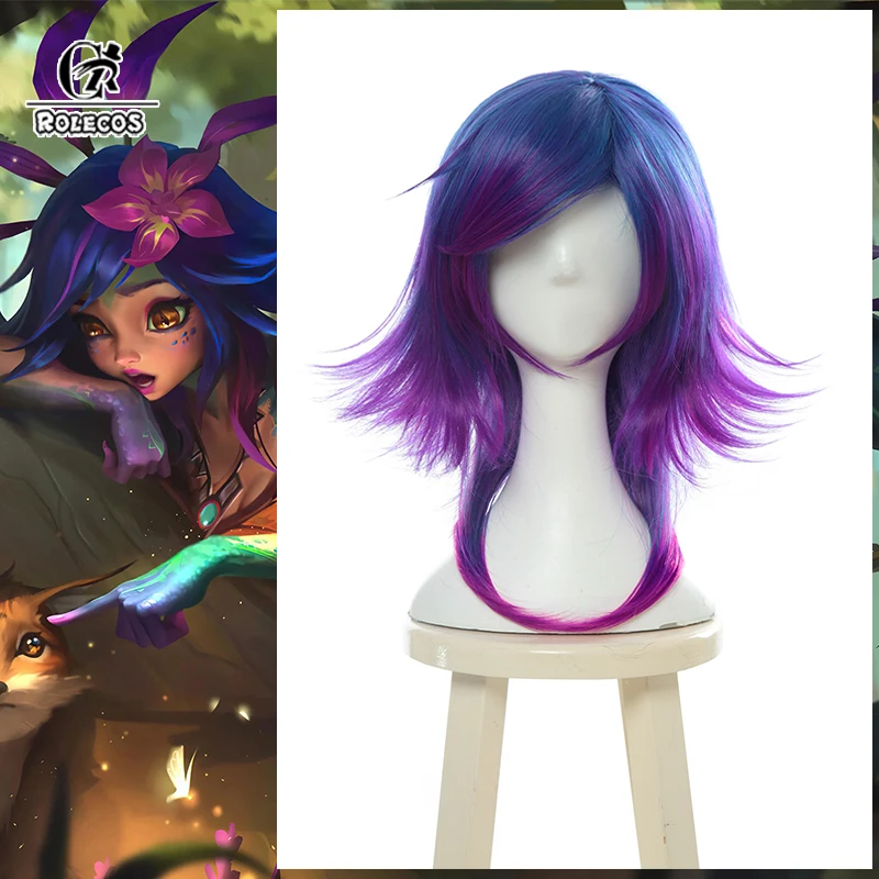 ROLECOS لعبة LOL الغريب الحرباء Neeko شعر مستعار تأثيري مختلط اللون قصير مستقيم المرأة الباروكات مقاومة للحرارة الشعر الاصطناعية