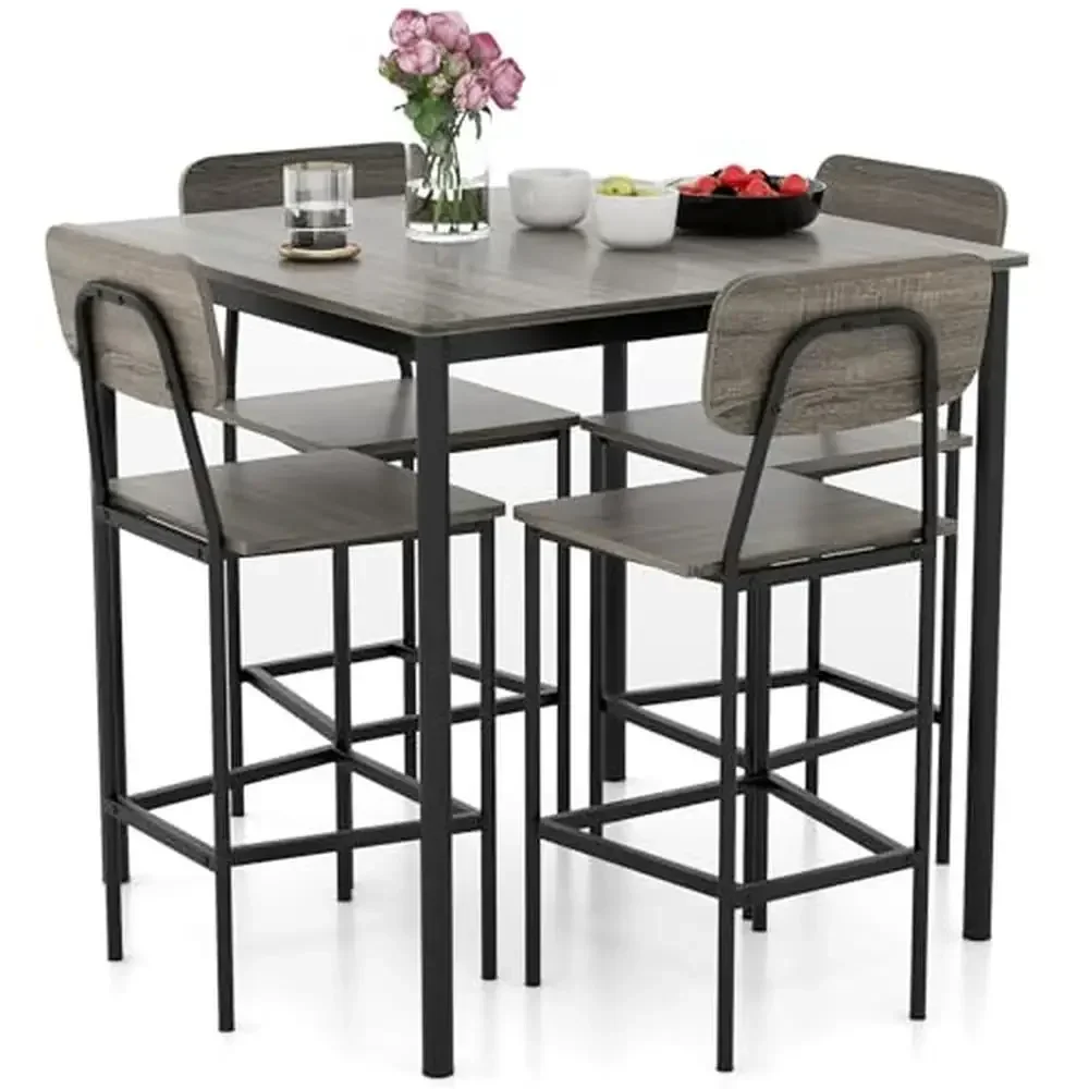 Modern 5-Piece Counter Height Dining Table Set Sturdy MDF & Steel Construction Space-Saving Design Ergonomic Backrest & Footrest