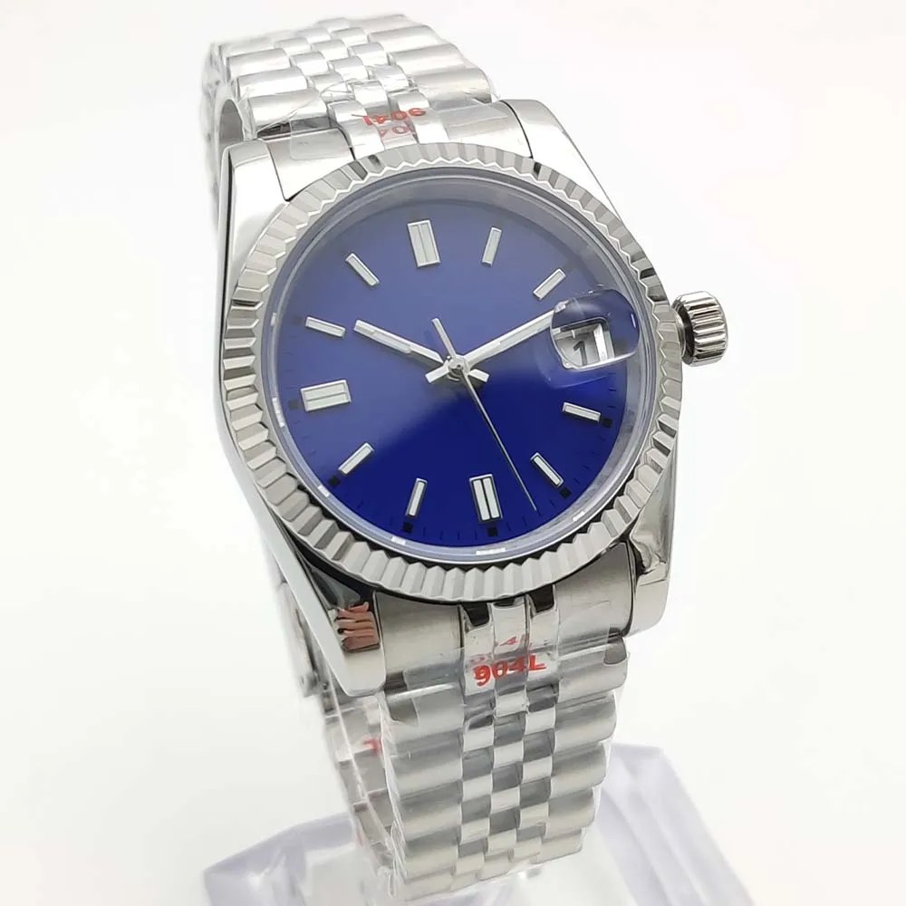 Herren-Automatikuhr NH35, Saphirglas, aseptisches Zifferblatt, wasserdicht, Edelstahl, mechanische Uhr, grün leuchtend