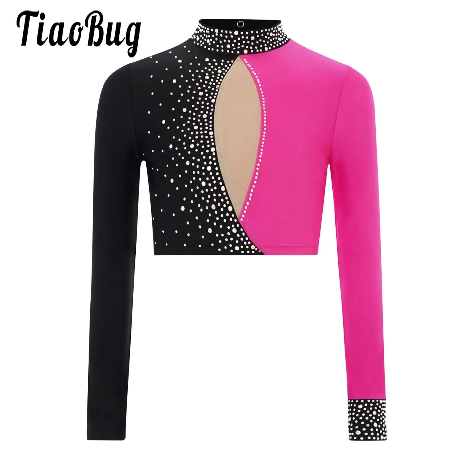 

Girls Cheerleading Cheer Modern Dance Cropped Shirts Jazz Street Dance Costume Tops Long Sleeve Keyhole Back Rhinestones T Shirt