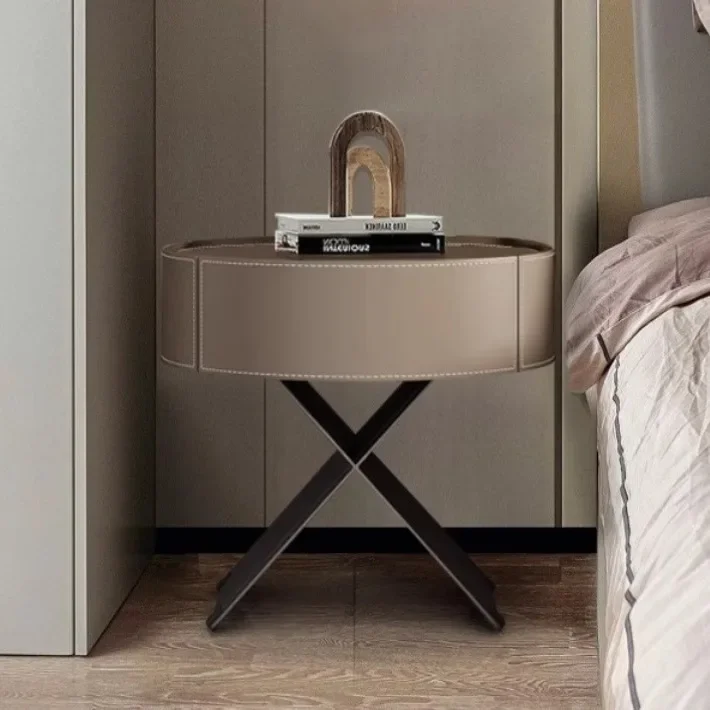Italian minimalist saddle leather bedside table, bedroom creative oval storage bedside table khaki