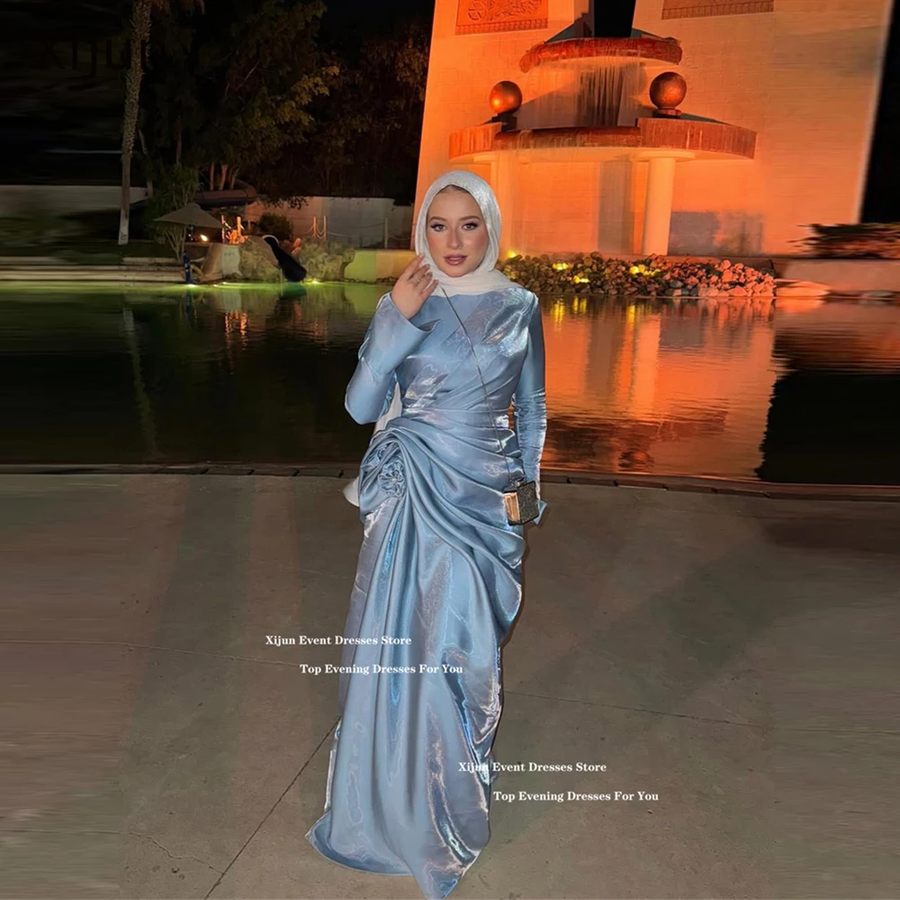 Xijun Elegant Blue Long Evening Dresses Modest Pleats Saudi Arabric Prom Dresses Flowers Full Sleeves Prom Gowns 2025 Customized
