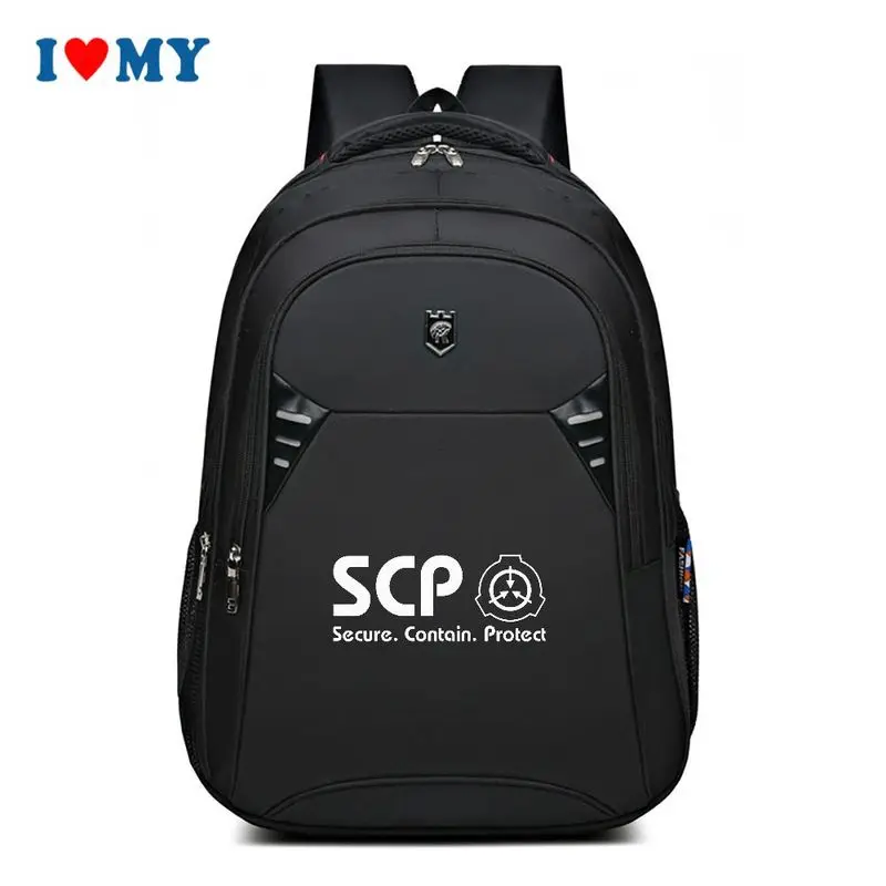 Black SCP Secure Contain Protect Print Sport Backpack, Large Capacity Unisex School Travel Bag for College Daily Commute