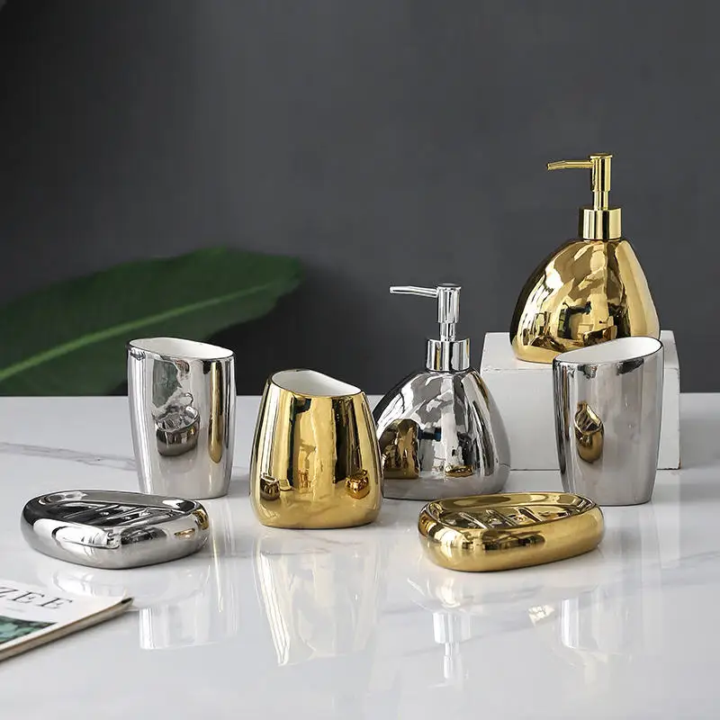 Silver Bathroom Accesssories Set Ceramics Liquid Soap Dispenser Home Decortion China Porcelain Washroom Kit for Soap Box