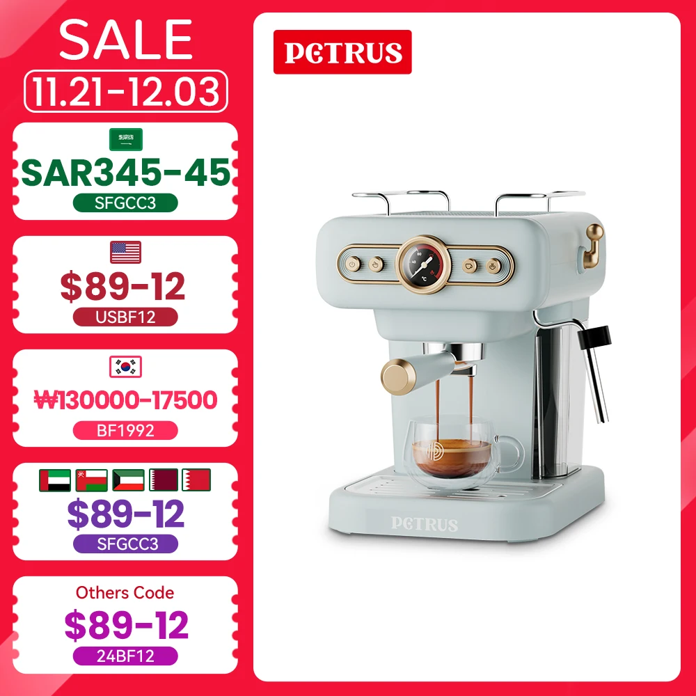 Petrus Coffee Machine Espresso Coffee Maker Latte Cappuccino Maker 20 Bar Semi-automatic Espresso Machine With Steam Milk Bubble