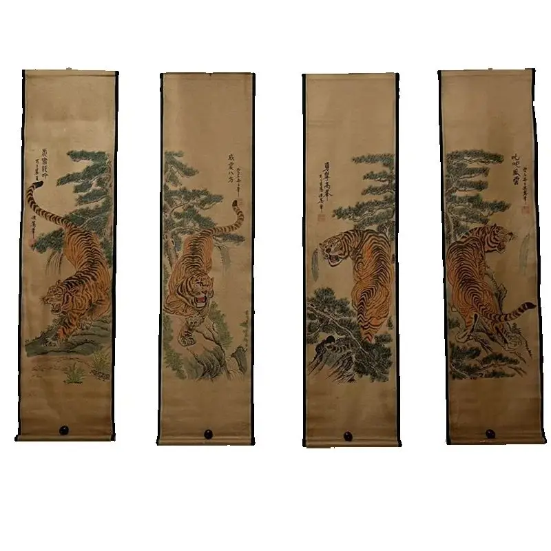 

China Old Paper Calligraphy Paintings Scrolls,Poems Painting, Tiger WomanFour Beauties Four Map Art Decoration