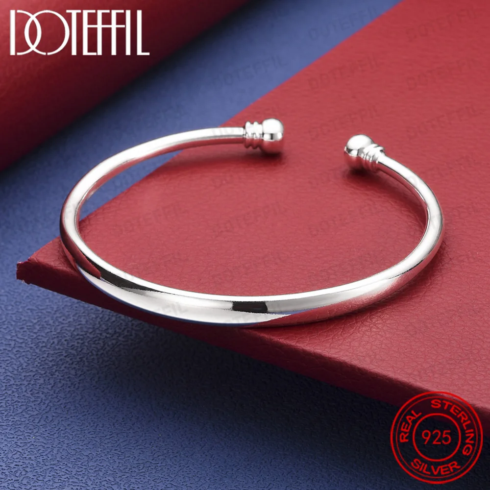 

925 Sterling Silver Smooth Double Bead Open Bangle for Women Men Fashionable Wedding Party Jewelry