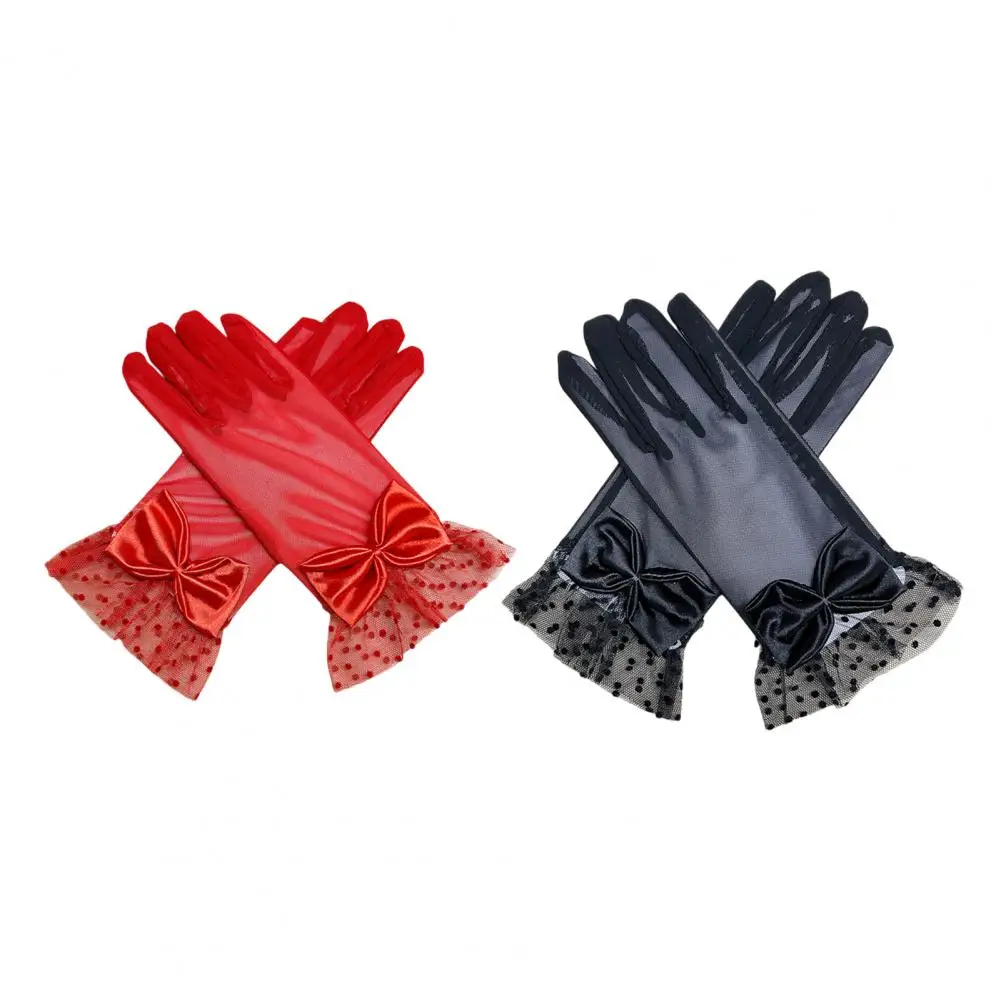 Vintage Gloves Lace Bow Decor Women's Prom Gloves for Bride Wedding See-through Fishnet Ruffle Edge