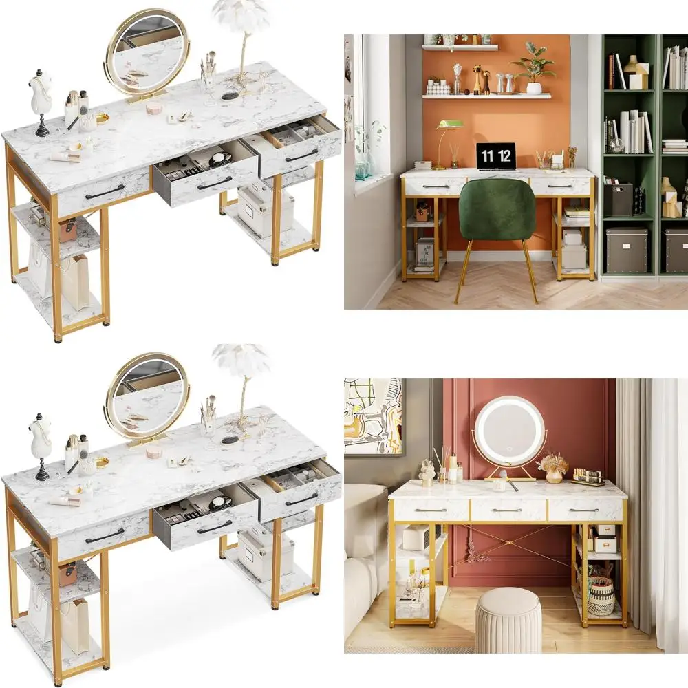 

48x16 White & Gold Vanity Desk with Fabric Drawers, Storage Shelves, Makeup Table for Home Office or Bedroom