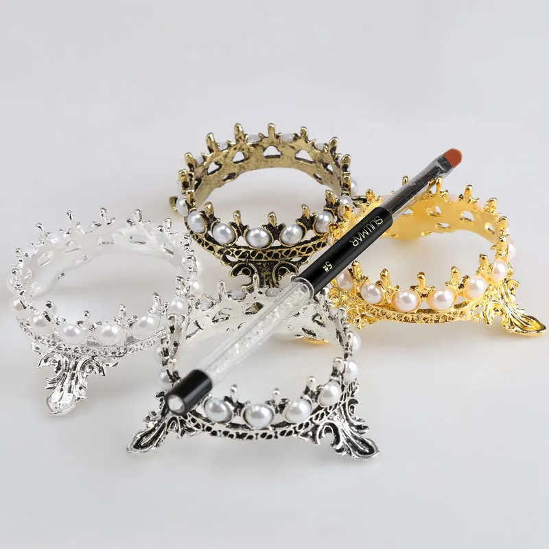 

1Pc Metal Nail Brush Pen Rack Stand Holder Glitter Crown Pearl Design Manicure Nail Art Tools Pen Showing Shelf