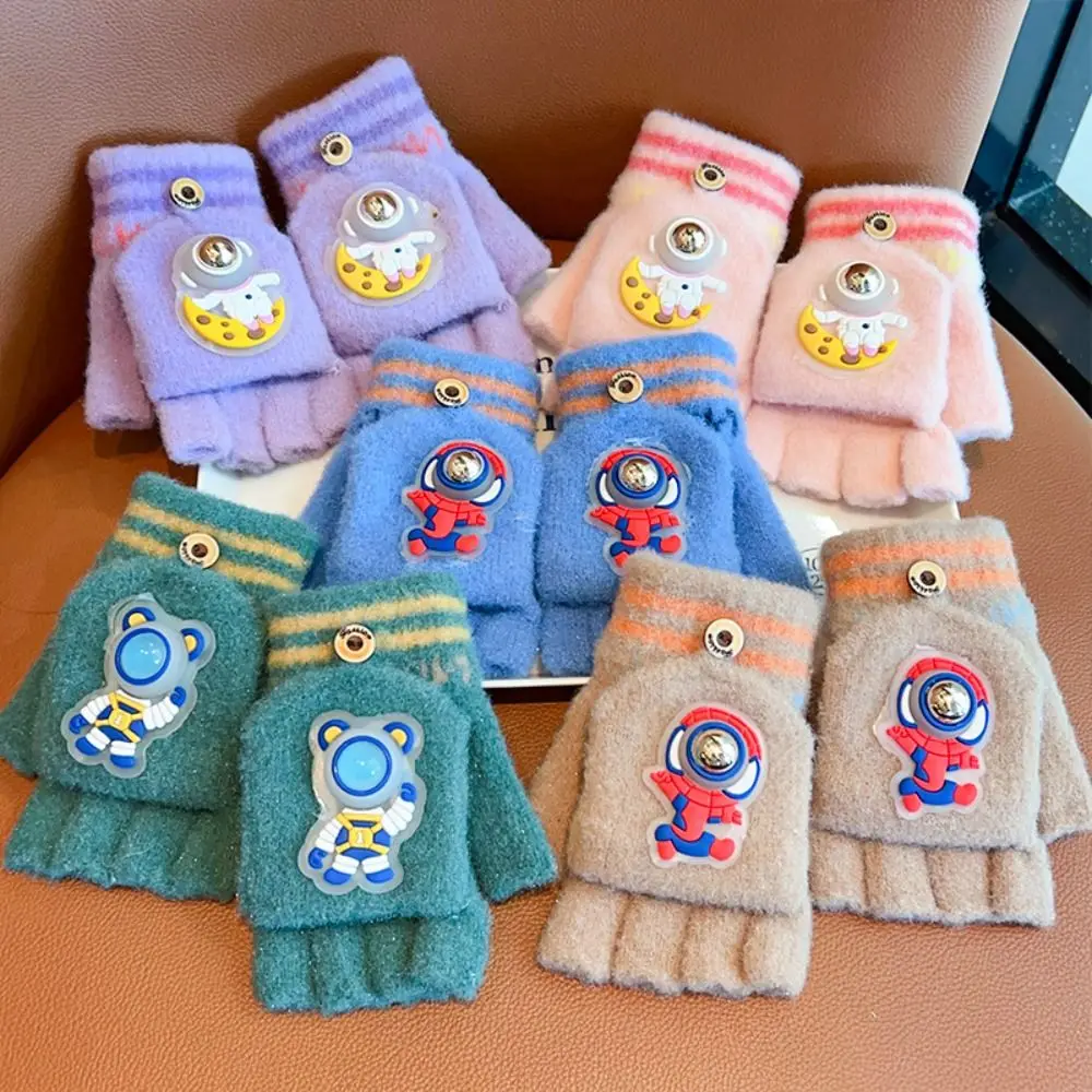 Half Finger Flip Gloves Kids Fingerless Gloves Astronaut Pattern Knitted Gloves Children Cartoon Gloves Cold Protection