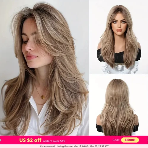 Imagen 1 del producto Peluca rizada elegante de color rubio ceniza, pelo sintético con flequillo, peluca larga de cosplay para fiesta para mujer, 100% Tang, fibra larga resistente al calor