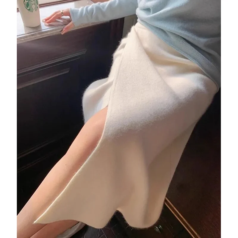 

GIDYQ Elegant Slit Knitted Midi Skirt Women Vintage High Waist Bodycon Mermaid Skirt Korean All Match Straight Skirt Fall Winter