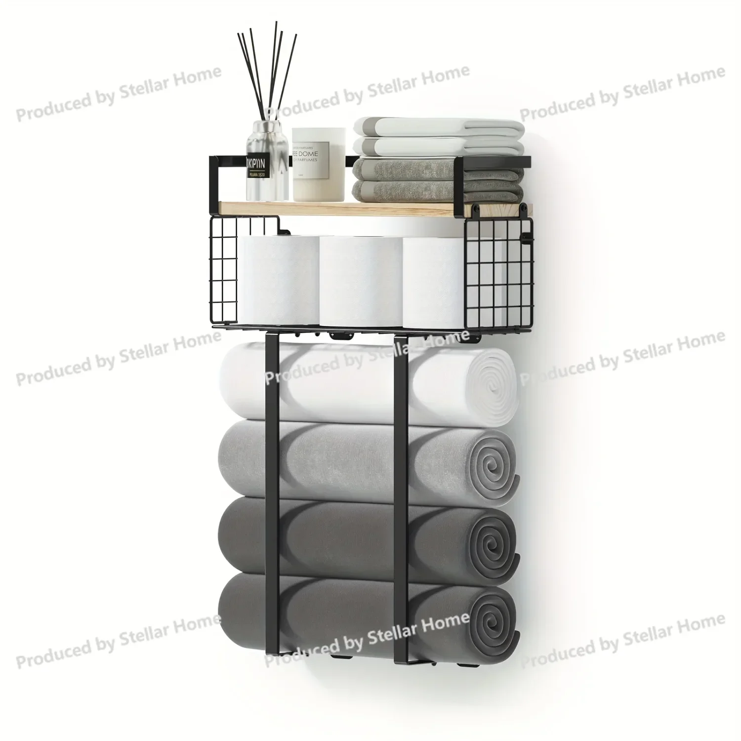 

Bathroom Sheves, Towel Racks with Metal Tissue Basket, Holder Wall Rack for Rolled Towels, Org