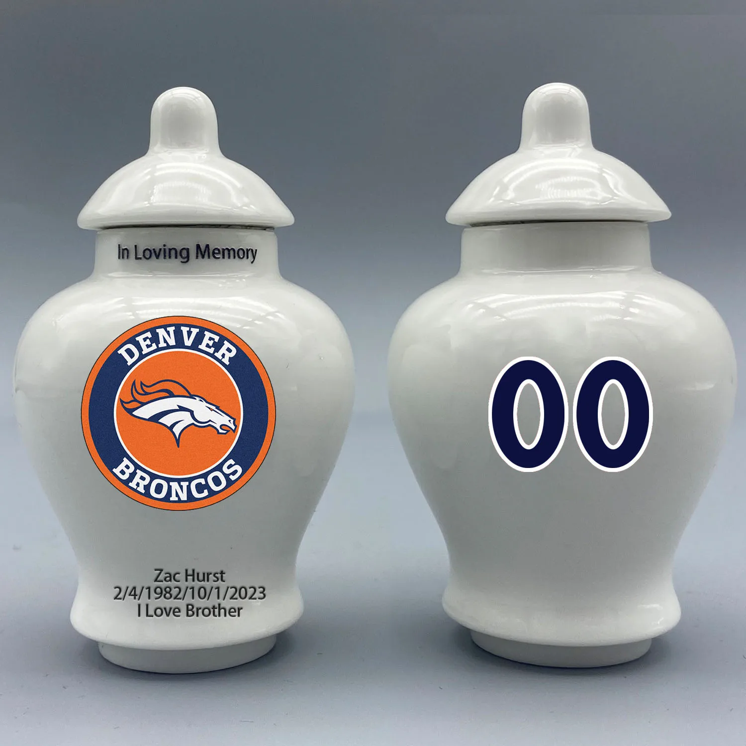 

Mini Urn for Denver Broncos-themed Logo Urn.Please send me the customization information - name/date and number on the urn