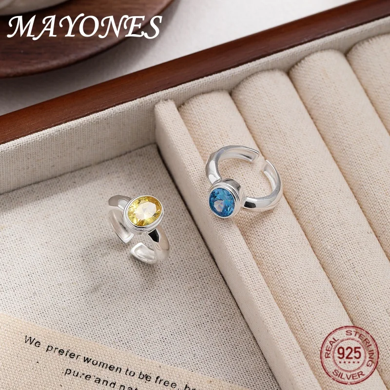 

Really S925 Sterling Silver Oval Blue Yellow Zircon Ring Women's French Fashion high-end Jewelry
