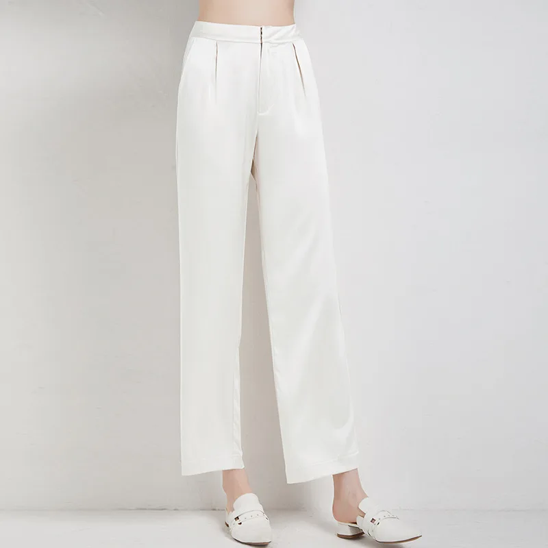 100% Silk Straight Pants Women Simple Design Solid 3 Colors High Waist Ankle-Length Trousers New Fashion