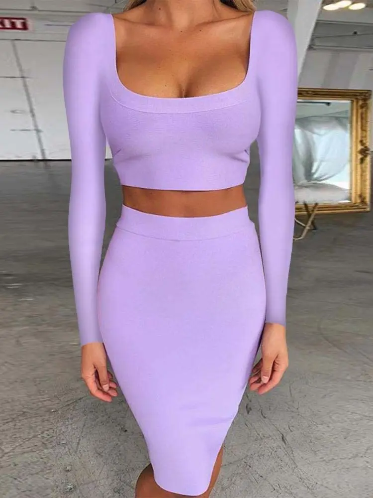 Bandage Dress Sets Autumn Winter 2021 Women Sexy Long Sleeve Crop Top And Bodycon Skirt Two Piece Set Lilac Club Party Outfit