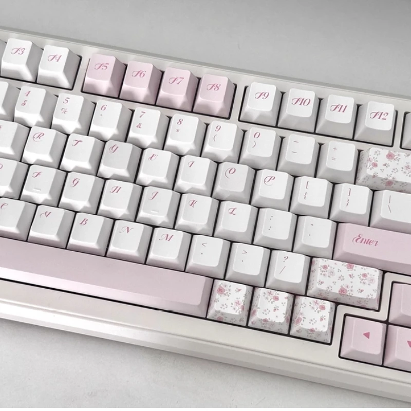 NEUE florale Tastenkappen, Kirschprofil, thermische Sublimation, PBT, personalisierbar, rosa, weiß, kleine frische Serie, mechanische Tastaturkappe