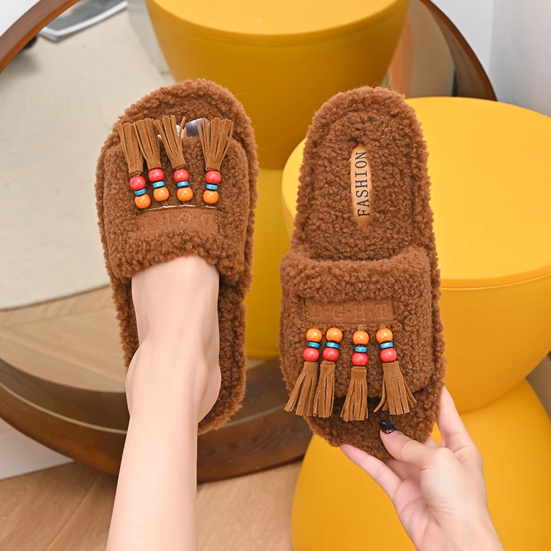 2025 New Women Shoes Ladies Slippers Platform Luxury Slides Flats Fur Flip Flops Soft Plush Bohemia Casual Women Cotton Slippers