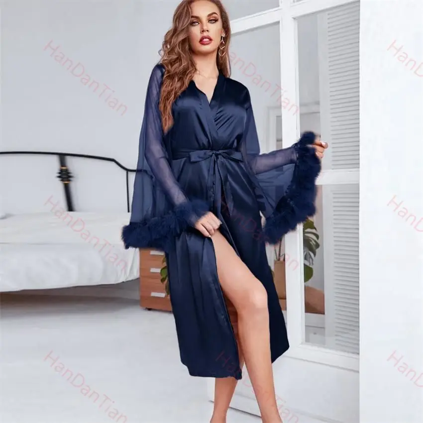 Frauen Satin Robe mit Pelz Trim Seidige Kimono Feder Trim Manschetten Lange Bademantel mit Krawatte