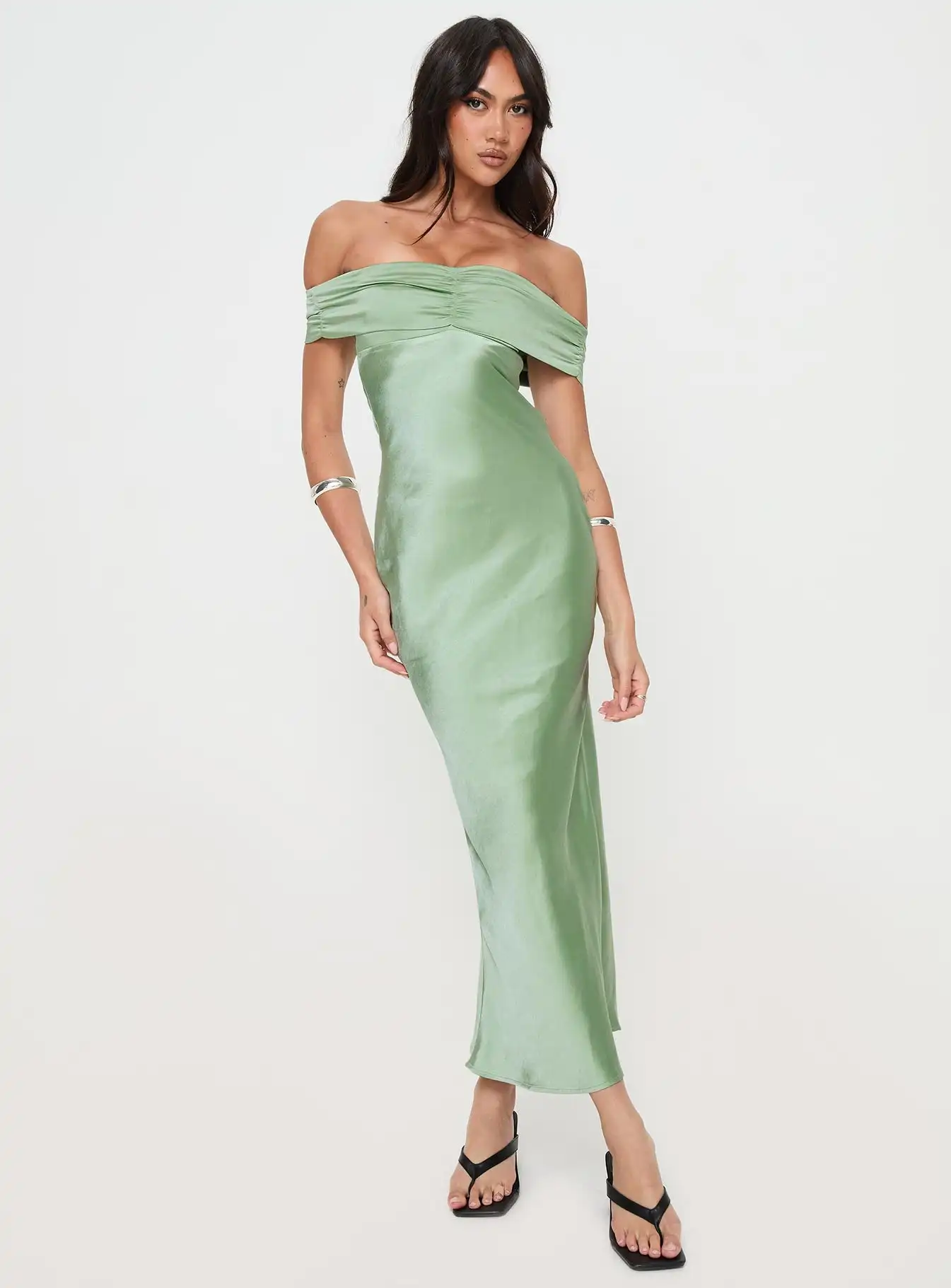 

Light Green Off Shoulder Ruched Satin Maxi Dress Sexy Chic Bodycon Mermaid Gown Elegant Slim Dress