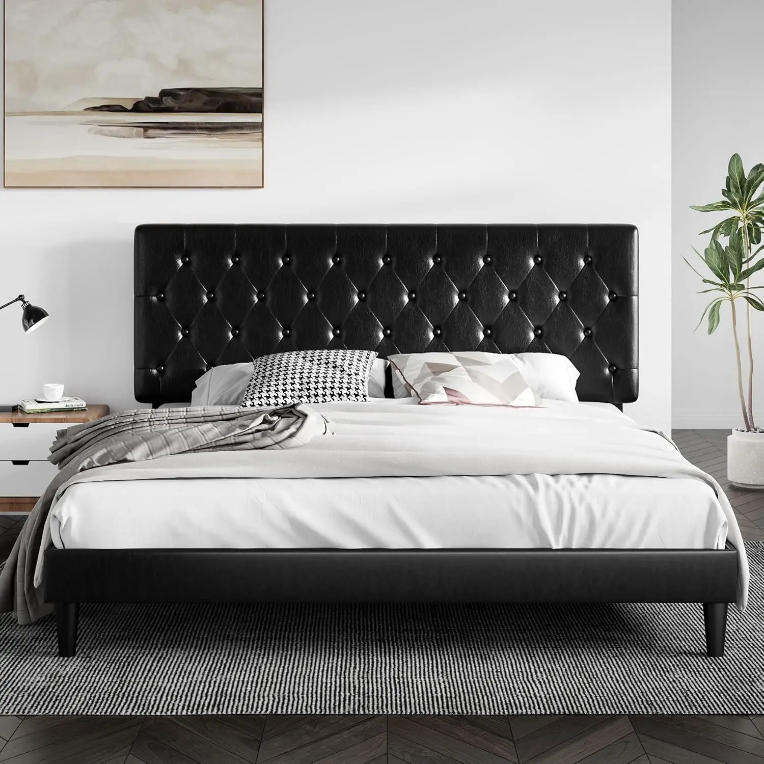 

SHA CERLIN King Size Platform Bed Frame with Button Tufted Headboard, Faux Leather Upholstered Mattress Foundation, Wooden