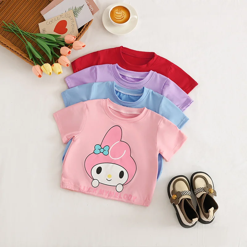 Conjunto de camiseta y pantalones cortos de manga corta para niños, conjunto de dos piezas, Anime, Sanrio, Hello Kitty, Cinnamoroll, Kuromi, suelto, regalo, nuevo, Verano