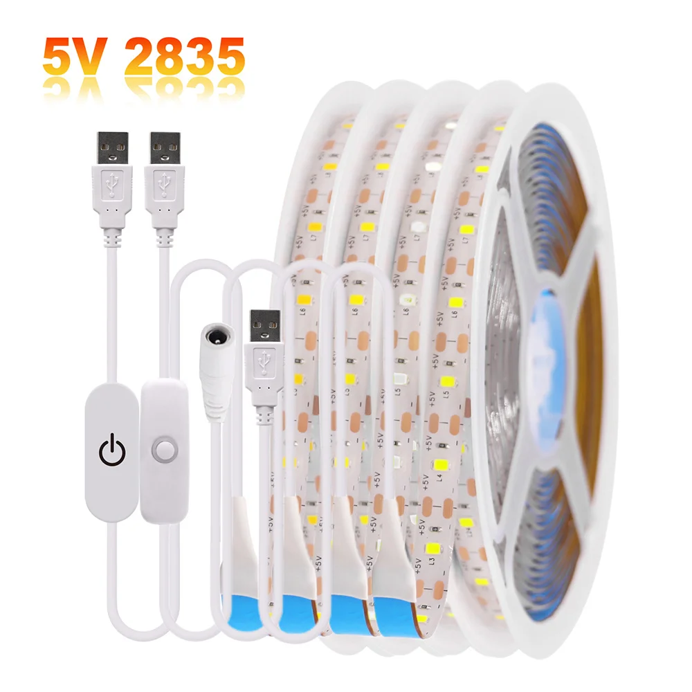 Flexível LED Strip Light com DC Plug, Luzes do armário, Night TV Backlight, 5V USB, 3528 SMD, 60 LEDs, 0,5 m, 1m, 2m, 5m