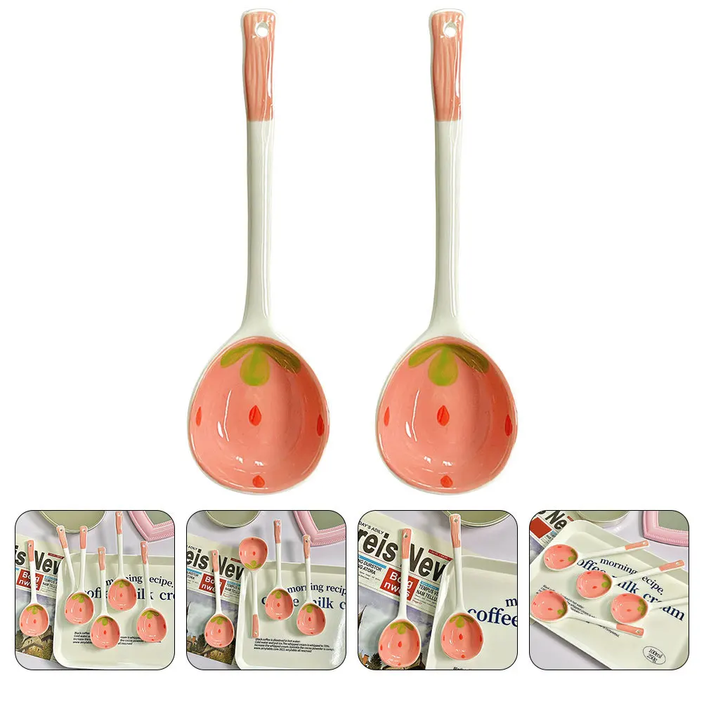 

2 шт. керамические десертные ложки клубничный дизайн гладкая поверхность для кофе, чая, торта, портативная бытовая ложка для еды, можно мыть в посудомоечной машине