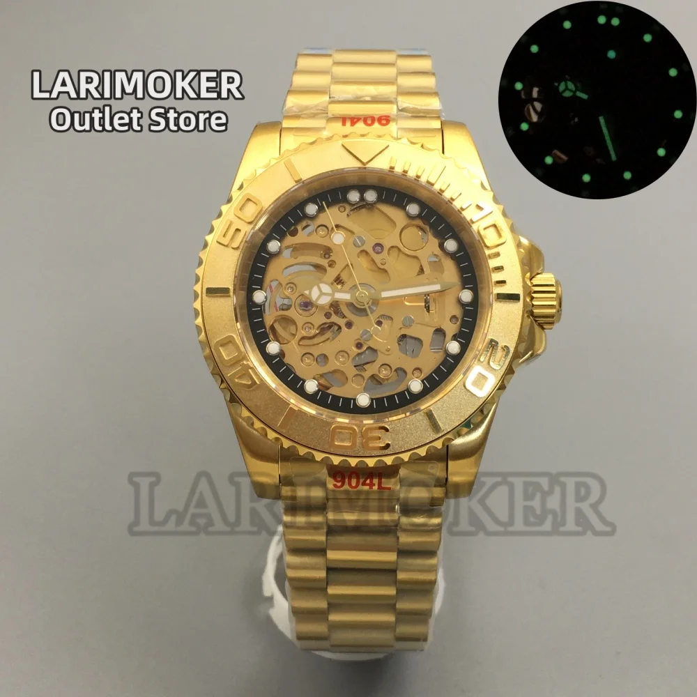 

LARIMOKER NH71 40mm Luxury Full Gold Hollow-out Skeleton Men's Watch Sapphire Glass Waterproof Dive Reloj Hombre 904L Bracelet