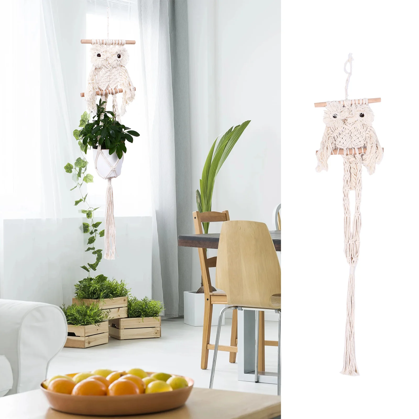 

1Pcs Cotton Knitting Macrame Owl Plant Hanger Wall Hanging Flowerpot Basket with Long Tassel Natural Wood Stick Space Saving