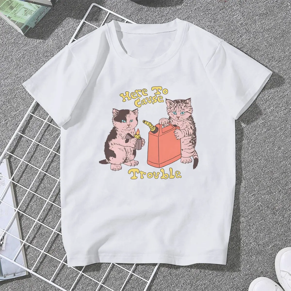 Cats 5XL TShirts Here To Cause Trouble (Dark  Variant) Personalize Homme T Shirt Funny Clothing