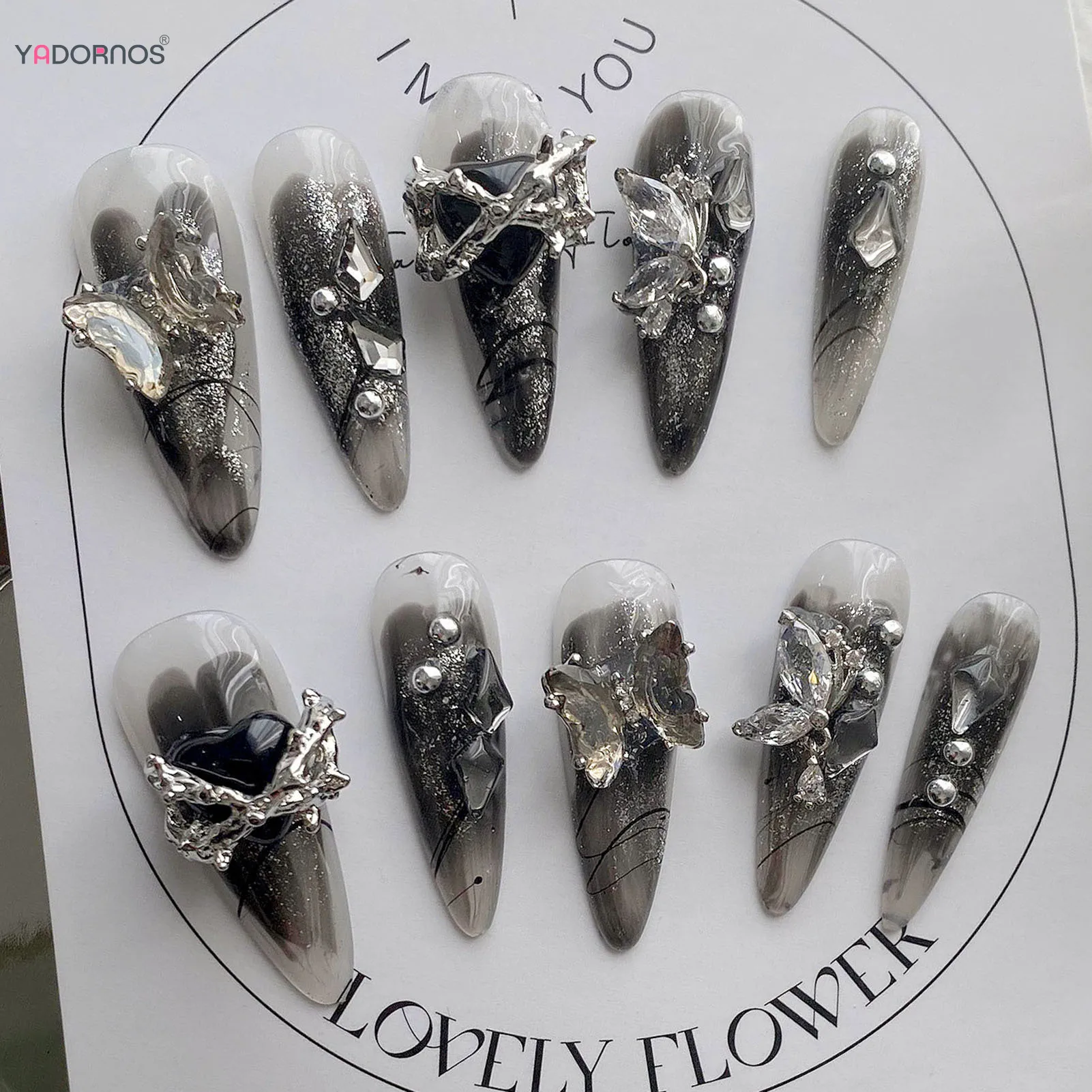 أظافر مزيفة خنجر طويلة ، مصنوعة يدويًا ، متدرجة ، سوداء ، اضغط عليها ، الماس ، الفراشة ، تصميماتها بعقدة فراشية ، لامعة ، مانيكير ، يمكن ارتداؤها ، 10 *