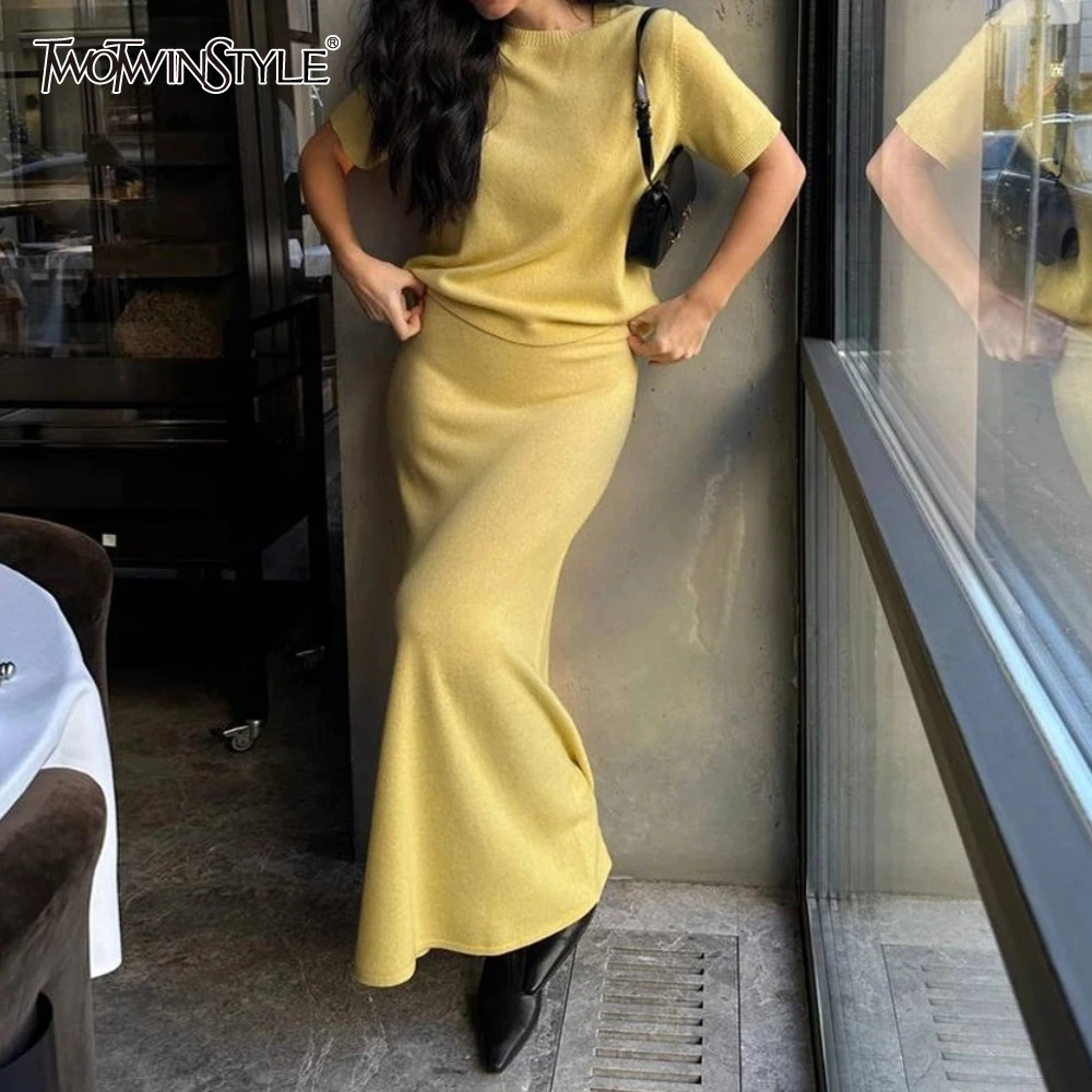 

TWOTWINSTYLE French Office Two Piece Set for Women O Neck Short Sleeve Top High Waist Knitted Skirt Solid Suit Female Autumn New