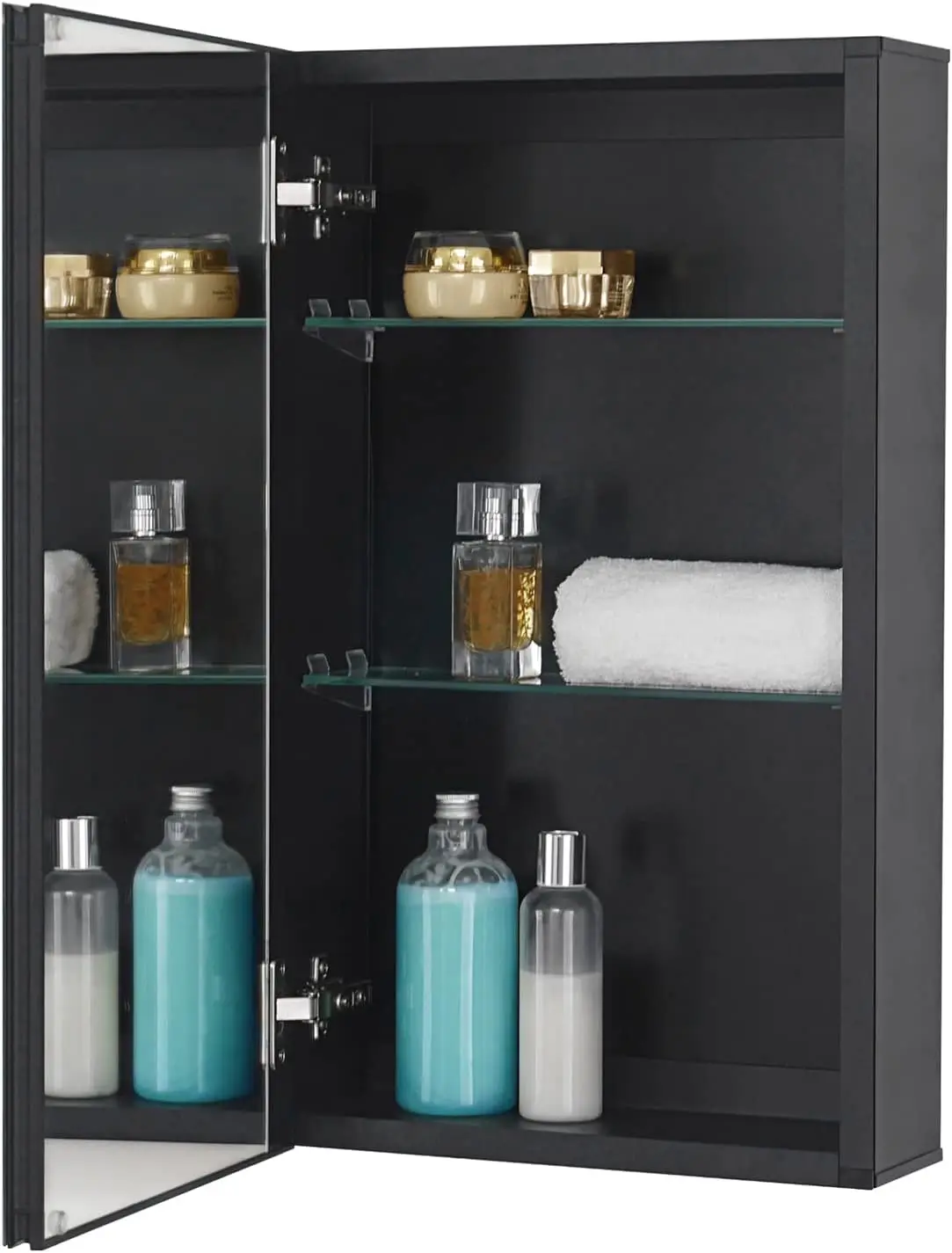 

14x24 Inch Black Aluminum Bathroom Wall Cabinet with Mirror, Adjustable Shelves for Recessed or Surface Mount