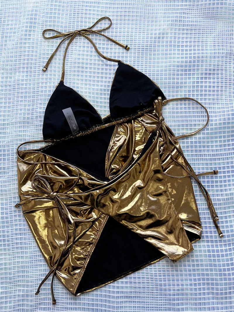 Para Praia Sexy Goud Glanzend Halter Drie Stukken Badpak met Rok 2025, Trekkoord Braziliaanse Badmode Vrouwen Biquini Beachwear