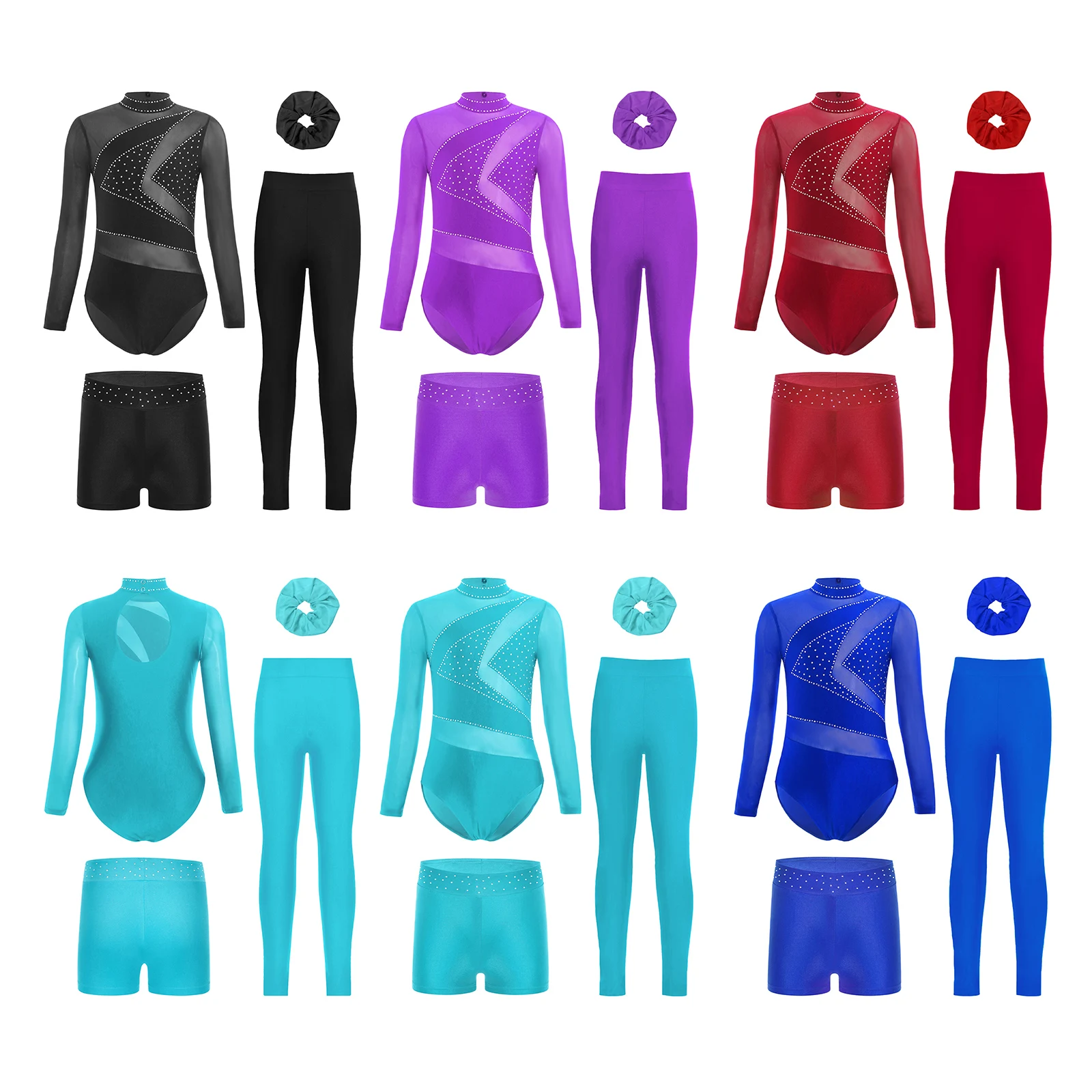 Set di danza classica per ragazze 4 pezzi Set di abbigliamento da ballo con strass a maniche lunghe per ginnastica ritmica per bambini