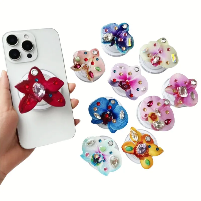 

DIY Diamond Orchid Acrylic phone Holder Folding Ring for IPhone Mac Samsung Cute Floral Shape Phone Stand Ring Finger Expanding