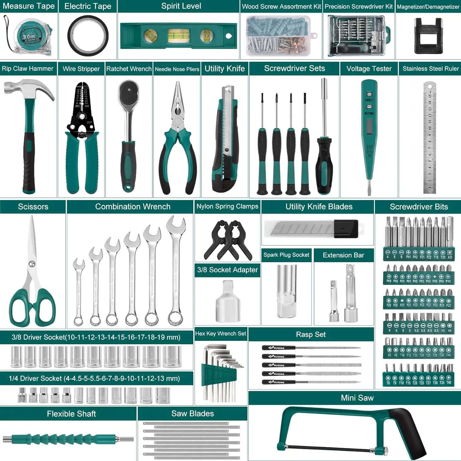 300-PcsHome Auto Repair Tool Set - Complete General Hand Tool Kits for Handyman & Precision Screwdriver Set & Wire Stripper