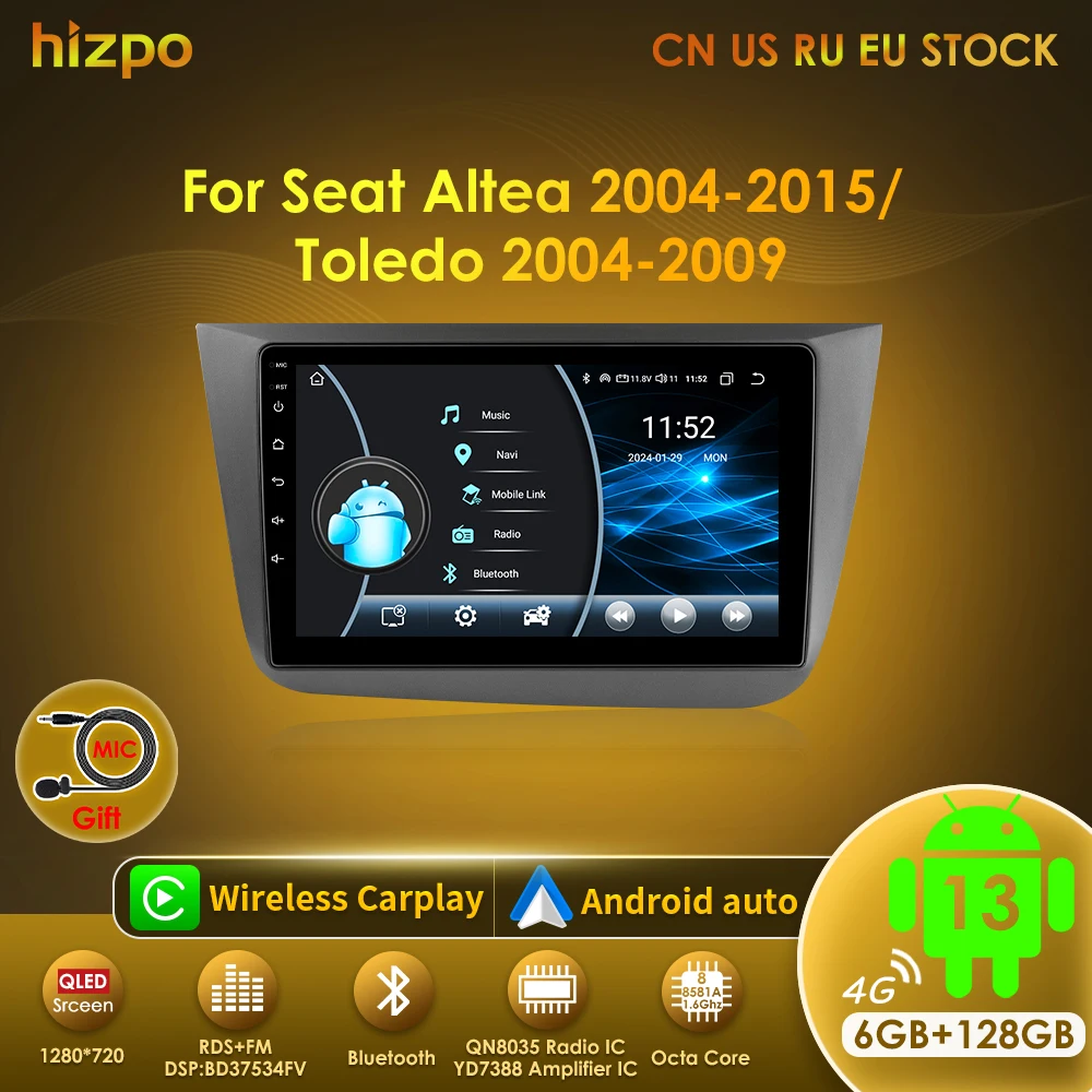 Hizpo Android 13 Auto Multimedia For Seat Altea 2004-2015 Toledo 2004-2009 Car Radio Car CarPlay GPS 2 Din Navigation Head Unit